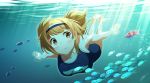  1girl :t bare_shoulders barefoot breasts collarbone fish freediving hairband holding_breath i-26_(kantai_collection) kantai_collection large_breasts light_brown_hair long_hair new_school_swimsuit sahuyaiya school_of_fish signature solo swimming swimsuit two-tone_hairband two_side_up underwater 