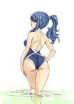 1girl ass bare_shoulders black_eyes blue_hair casual_one-piece_swimsuit fairy_tail from_behind halterneck hand_on_hip hips juvia_lockser long_hair looking_back mashima_hiro official_art one-piece_swimsuit parted_lips ponytail shiny shiny_hair shoulder_blades sidelocks solo swimsuit wading water 