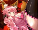  1girl animal_ears autumn autumn_leaves blush bra breasts cleavage denden_taiko fate/extra fate_(series) fox_ears fox_tail large_breasts open_clothes open_shirt pink_bra pink_hair shirt solo tail tamamo_(fate)_(all) tamamo_no_mae_(fate) thighs underwear yellow_eyes 