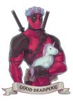  1boy alejandro_tio bodysuit character_name deadpool head_wreath highres katana male_focus marvel muscle pouch solo stuffed_animal stuffed_toy superhero sword unicorn upper_body weapon 