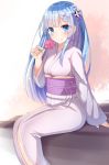  1girl absurdres alternate_costume alternate_hair_length alternate_hairstyle arm_support blue_hair blush flower hair_ornament highres holding holding_flower japanese_clothes kimono long_hair looking_at_viewer obi purple_ribbon re:zero_kara_hajimeru_isekai_seikatsu rem_(re:zero) ribbon ribbon_trim sash sidelocks sitting sll smile solo x_hair_ornament 