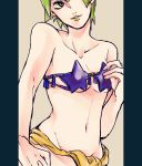  1girl bare_shoulders bikini_top breasts contrapposto foo_fighters green_eyes green_hair green_lipstick hand_on_hip highres jojo_no_kimyou_na_bouken lipstick makeup medium_breasts midler_(cosplay) navel pelvic_curtain pillarboxed saichuu_(more1208) short_hair smile solo 