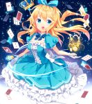  1girl alice_(wonderland) alice_in_wonderland blonde_hair blue_dress blue_eyes breasts card cleavage crown dress frilled_dress frills gears gloves hair_ribbon impossible_clothes light_trail long_hair looking_at_viewer natsume3304 neck_ribbon open_mouth original playing_card pocket_watch puffy_short_sleeves puffy_sleeves ribbon scepter short_sleeves skirt_hold small_breasts solo sparkle star_(sky) watch white_gloves wind 
