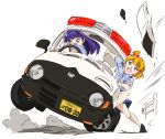  2girls asahina_mirai blonde_hair car ground_vehicle izayoi_liko long_hair mahou_girls_precure! motor_vehicle multiple_girls open_mouth police precure purple_hair short_hair tagme umanosuke you&#039;re_under_arrest 