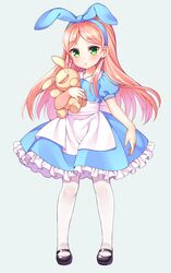  1girl alice_(wonderland)_(cosplay) alice_in_wonderland alicia_(pop&#039;n_music) apron blue_dress child dress green_eyes hug long_hair mary_janes pantyhose pink_hair pop&#039;n_music ribbon shoes shouni_(sato3) solo stuffed_toy white_legwear 