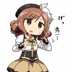  1girl alternate_costume bow bowtie brown_eyes brown_hair commentary_request cosplay dirndl eyebrows eyebrows_visible_through_hair fingerless_gloves german_clothes gloves hat hibike!_euphonium kanikama long_hair long_sleeves lowres mahou_shoujo_madoka_magica oumae_kumiko solo sweatdrop tomoe_mami tomoe_mami_(cosplay) translation_request 