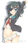 1girl adapted_costume ahoge alternate_hairstyle arm_up ass ass_visible_through_thighs blue_eyes blush collarbone eyepatch green_hair groin hair_ornament hairclip headgear kantai_collection kiso_(kantai_collection) long_hair long_sleeves looking_at_viewer micro_shorts midriff navel neckerchief no_hat no_headwear open_mouth panties ponytail sailor_collar school_uniform serafuku simple_background smile solo stretch sweater thigh_gap thighs twitter_username underwear white_background yukina_(black0312) 