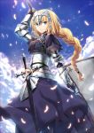  1girl arm_up armor blonde_hair blue_sky braid breasts clouds elbow_gloves fate/apocrypha fate/grand_order fate_(series) flag gabiran gauntlets gloves helmet long_hair looking_at_viewer purple_gloves ruler_(fate/apocrypha) sheath sheathed sky smile solo sword weapon 