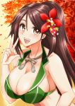  1girl alternate_costume amagi_(kantai_collection) auburn_hair bare_shoulders bikini breasts brown_eyes brown_hair cleavage collarbone commentary_request eyebrows eyebrows_visible_through_hair flower green_bikini_top hair_between_eyes hair_flower hair_ornament kantai_collection large_breasts long_hair looking_at_viewer makumaxu mole mole_under_eye open_mouth ponytail solo swimsuit upper_body v 