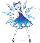  1girl absurdres alternate_hair_color arm_garter blue_bow blue_dress blue_eyes blue_hair blue_shoes bow cirno closed_mouth dress full_body hair_bow highres ice ice_wings looking_at_viewer neck_ribbon pale_skin puffy_short_sleeves puffy_sleeves red_ribbon ribbon shoes short_sleeves smile solo touhou white_background wings yutapon 
