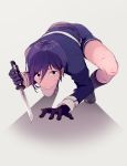  1boy black_gloves black_hair cuts eyebrows eyebrows_visible_through_hair gloves holding holding_weapon injury looking_at_viewer military military_uniform o-ishi shorts solo squatting tantou touken_ranbu uniform violet_eyes weapon yagen_toushirou 