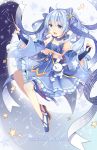  1girl 2017 artist_request blue_eyes blue_hair character_name detached_sleeves dress earrings elbow_gloves fingerless_gloves gloves hatsune_miku highres jewelry long_hair musical_note open_mouth scarf snowflakes star thigh-highs twintails very_long_hair vocaloid wand yuki_miku yukine_(vocaloid) 