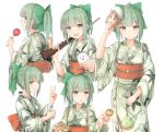  &gt;:d 1girl :d :o azuhira bow candy_apple character_mask commentary_request error_musume from_behind green_hair grin gun hair_bow japanese_clothes kantai_collection kimono kinchaku multiple_views obi open_mouth ponytail ramune rifle sash shimakaze_(kantai_collection) shimakaze_(seal) shooting_gallery smile summer_festival takoyaki v weapon white_background yellow_eyes yukata yuubari_(kantai_collection) 