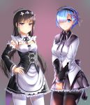  2girls akemi_homura argyle argyle_legwear black_hair cosplay costume_switch danielle_brindle hairband long_hair magical_girl mahou_shoujo_madoka_magica maid maid_headdress multiple_girls pantyhose re:zero_kara_hajimeru_isekai_seikatsu rem_(re:zero) serious smile violet_eyes 