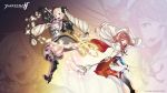  1girl black_gloves blonde_hair boots bow copyright_name dress earrings elbow_gloves elise_(fire_emblem_if) fire_emblem fire_emblem_if gloves hair_bow hairband high_heel_boots high_heels highres japanese_clothes jewelry kozaki_yuusuke looking_at_viewer nontraditional_miko official_art pink_hair purple_hair ribbon sakura_(fire_emblem_if) short_hair smile solo staff thigh-highs thigh_boots twintails violet_eyes white_legwear zettai_ryouiki 