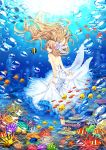  1girl air_bubble angelfish back bare_back bare_shoulders barefoot blonde_hair blue_eyes bubble caustics clownfish coral coral_reef dress fish floating_hair freediving frilled_dress frills from_behind hair_ornament kiritani846 long_dress long_hair looking_away looking_back ocean_bottom open-back_dress open_mouth original sash school_of_fish skirt_hold smile solo strapless strapless_dress surgeonfish underwater underwater_city white_dress 