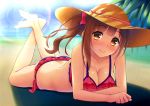  1girl ass bangs bare_arms bare_legs barefoot beach bikini blush bow breasts brown_eyes brown_hair cleavage closed_mouth collarbone day eyebrows eyebrows_visible_through_hair frilled_bikini frills full_body hair_bow hat hat_ribbon idolmaster idolmaster_cinderella_girls igarashi_kyouko legs_up lens_flare long_hair looking_at_viewer lying medium_breasts on_stomach outdoors pink_bikini pink_bow pink_ribbon plant ribbon shade side-tie_bikini side_ponytail sky smile solo straw_hat striped striped_ribbon summer swimsuit tree_shade umihotaru_harumare 