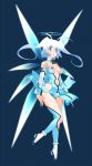  1girl :o absurdres antenna_hair aoba_anoa blue blue_eyes breasts center_opening floating_hair full_body halo highres long_hair navel official_art otomedius simple_background solo thigh-highs white_hair wings yoshizaki_mine 