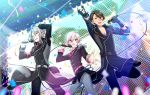  3boys ;) brown_hair confetti dutch_angle fingerless_gloves gloves glowstick grey_hair hako_(gyhujikolp) hand_in_hair highres idol idolish_7 kujou_tenn leg_up male_focus multiple_boys necktie one_eye_closed outstretched_hand parody pink_necktie sky smile stage_lights star_(sky) starry_sky style_parody tsunashi_ryuunosuke white_hair yaotome_gaku 