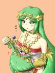  1girl :o ? armlet bangs belt blush breast_smother breasts choker cleavage copy_ability dress fingernails forehead_jewel gameplay_mechanics gem goddess green_eyes green_hair holding jewelry kid_icarus kid_icarus_uprising kirby kirby_(series) large_breasts long_hair multiple_belts namaixy necklace nintendo palutena parted_bangs pendant side_slit size_difference staff strapless strapless_dress super_smash_bros. swept_bangs tiara vambraces very_long_hair 