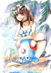  1girl arm_support bare_arms bare_shoulders barefoot beach bikini blue_bikini blue_panties bra brown_hair clouds cloudy_sky collarbone creatures_(company) cute game_freak gen_1_pokemon jellyfish nintendo npc_trainer panties pokemon pokemon_(creature) pokemon_(game) pokemon_oras ribbon sarusaru_naoto short_hair sky sunglasses sunglasses_on_head swimmer_(pokemon) swimmer_(pokemon)_(female) swimmer_(pokemon_oras)_(female) swimsuit tentacles tentacool underwear white_pupils 