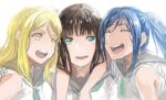  3girls arm_around_shoulders artist_request black_hair blonde_hair blue_hair closed_eyes dripping green_eyes highres hime_cut kurosawa_dia laughing long_hair love_live! love_live!_sunshine!! matsuura_kanan mole mole_under_mouth multiple_girls ohara_mari one_eye_closed open_mouth ponytail school_uniform serafuku smile sweat wet yellow_eyes 