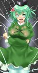  1girl anger_vein angry blush breast_hold breasts commentary_request covered_nipples cowboy_shot crossed_arms dress electricity fang ghost_tail green_dress green_eyes green_hair hat highres hitotsuki_nebura index_finger_raised japanese_clothes large_breasts looking_at_viewer open_mouth see-through_silhouette soga_no_tojiko solo sweat tate_eboshi touhou wet wet_clothes wet_hair 