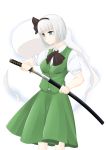  1girl absurdres bangs black_ribbon blunt_bangs blush breasts closed_mouth green_eyes green_skirt green_vest hair_ribbon hairband highres hitodama holding holding_sword holding_weapon katana konpaku_youmu konpaku_youmu_(ghost) looking_away medium_breasts neck_ribbon puffy_short_sleeves puffy_sleeves ribbon scabbard sheath short_hair short_sleeves silver_hair skirt skirt_set solo surota sword touhou unsheathing vest weapon white_background 