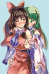  2girls ascot bare_shoulders blush bow breast_grab breasts brown_hair detached_sleeves grabbing green_eyes green_hair groping hair_bow hair_tubes hakurei_reimu kochiya_sanae large_breasts long_hair multicolored_hair multiple_girls no_panties open_mouth pink_hair red_eyes skirt skirt_set smile touhou yohane yuri 