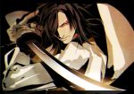  1boy fighting_stance glowing glowing_eye hair_over_one_eye holding holding_sword holding_weapon jewelry letterboxed lips long_hair mad369 male_focus messy_hair oodenta_mitsuyo red_eyes ring solo sword touken_ranbu upper_body weapon 