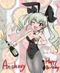  1girl alcohol anchovy animal_ears bottle bow bowtie brown_eyes bunnysuit champagne detached_collar drill_hair girls_und_panzer green_hair happy_birthday nekota_susumu one_eye_closed pantyhose rabbit_ears twin_drills twintails wrist_cuffs 
