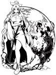  1girl 8000 belt dress hair_ribbon highres katana long_hair monochrome moon plant ponytail ribbon solo sword thorns touhou vines watatsuki_no_yorihime weapon 