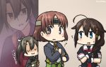  3girls :3 anger_vein black_hair black_serafuku blue_eyes blush braid breast_envy brown_hair chiyoda_(kantai_collection) commentary dated flying_sweatdrops gloves hair_between_eyes hair_ornament hair_over_shoulder hair_ribbon hamu_koutarou headband highres kantai_collection long_hair multiple_girls muneate peeking_out remodel_(kantai_collection) ribbon school_uniform serafuku shaded_face shigure_(kantai_collection) short_hair single_braid translated twintails v_v white_ribbon yugake zuikaku_(kantai_collection) 