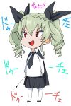  1girl anchovy cape chibi commentary drill_hair girls_und_panzer green_hair hair_between_eyes hair_ribbon necktie open_mouth pantyhose pleated_skirt red_eyes ribbon riding_crop shirt sidelocks sketch skirt smirk solo torichamaru translation_request tsurime twin_drills white_background 