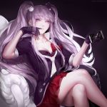  1girl braid breasts cleavage cosplay dangan_ronpa dangan_ronpa_3 enoshima_junko_(cosplay) gloves hair_ornament hair_ribbon highres katorius kirigiri_kyouko long_hair purple_hair ribbon sleeves_rolled_up solo twintails violet_eyes 