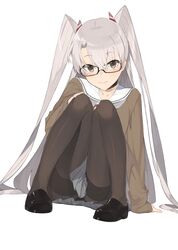  1girl amatsukaze_(kantai_collection) bangs black_legwear black_panties blush brown_eyes cardigan choker glasses hayashi_kewi kantai_collection knees_together_feet_apart loafers long_hair long_sleeves looking_at_viewer neckerchief panties panties_under_pantyhose pantyhose pleated_skirt school_uniform shoes silver_hair sitting skirt sleeves_past_wrists solo thighband_pantyhose two_side_up underwear windsock 