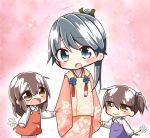  3girls akagi_(kantai_collection) alternate_costume black_hair blush brown_eyes brown_hair closed_mouth clothes_grab commentary_request flower hair_ornament high_ponytail houshou_(kantai_collection) jako_(jakoo21) japanese_clothes kaga_(kantai_collection) kantai_collection long_sleeves multiple_girls open_mouth ponytail short_hair side_ponytail smile wide_sleeves younger 