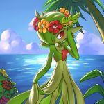  comfey flower gardevoir magical_jim no_humans palm_tree pokemon pokemon_(creature) red_eyes tree 
