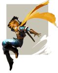  1boy armor blonde_hair boots brown_boots full_body gloves golden_sun lechuza male_focus outstretched_arm profile rectangle robin_(golden_sun) scarf solo spiky_hair sword weapon weapon_on_back 