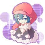  &gt;:) 1girl blue_eyes blue_hair closed_mouth commentary doremy_sweet dress fur_trim hat ko_kita looking_at_viewer nightcap pointy_ears pom_pom_(clothes) short_hair smile solo touhou upper_body 