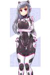  1girl bodysuit breast_hold breasts covered_navel cowboy_shot crossed_arms grey_hair highres large_breasts long_hair looking_at_viewer mecha_musume original pilot_suit pink_eyes science_fiction skin_tight solo standing x-6 