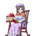  1girl :o argyle basket black_hair blue_eyes book braid breasts chair character_request dress floral_print glasses hat holding knitting_needle kusaka_souji long_sleeves mob_cap needle official_art open_mouth rimless_glasses rocking_chair simple_background sitting solo twin_braids uchi_no_hime-sama_ga_ichiban_kawaii white_background yarn 