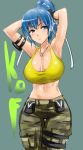  &gt;:( 1girl adjusting_hair armpits arms_up black_gloves blue_eyes blue_hair blush breasts camouflage camouflage_pants cleavage closed_mouth commentary_request cowboy_shot gloves highres jewelry large_breasts leona_heidern looking_away midriff navel necklace okyou pants ponytail shiny shiny_skin solo stomach sweat tank_top the_king_of_fighters 