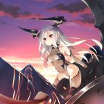  1girl breasts cleavage colossus_(granblue_fantasy) covered_navel demon_girl elbow_gloves gloves granblue_fantasy hair_between_eyes horns leaning_forward leotard long_hair medium_breasts outdoors peko pointy_ears red_eyes riding sky solo sunset thigh-highs turtleneck very_long_hair white_hair 