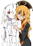  2girls animal_ears black_dress chinese_clothes crazy_eyes dress empty_eyes fuantei grabbing grabbing_from_behind junko_(touhou) long_hair long_sleeves multiple_girls necktie orange_hair rabbit_ears red_eyes reisen_udongein_inaba sash shirt skirt tabard touhou turn_pale very_long_hair wide_sleeves 