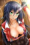  1girl absurdres black_hair blush bra breasts covered_navel crossed_arms dripping female female_protagonist_(pokemon_go) fingerless_gloves gloves green_eyes highres large_breasts long_hair nez-kun no_hat no_headwear pokemon pokemon_go pov solo_focus sparkle sweat sweating sweating_profusely underwear wet 