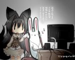  1girl :x animal_ears artist_self-insert bangs black_hair blush_stickers chair chibi choker commentary_request computer_keyboard desk dress fox_ears fox_tail gomasamune gradient gradient_background headphones long_hair monitor office_chair open_mouth original parted_bangs rabbit red_eyes sketch smile speaker tail translation_request |_| 