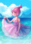  1girl alejandro_tio armband blue_sky clouds dress green_eyes lake mountain original partially_submerged petals petals_on_water pink_dress pink_hair skirt_hold sky solo watermark 