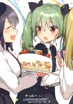  3girls anchovy black_hair blonde_hair braid brown_eyes cake carpaccio chibi dated drill_hair food girls_und_panzer green_hair happy_birthday ichihaya multiple_girls necktie open_mouth pepperoni_(girls_und_panzer) smile twin_drills twitter_username 