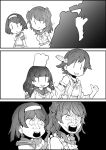  3koma 4girls :&lt; chef_hat comic commentary_request double_bun flipped_hair greyscale hairband hat headgear hiei_(kantai_collection) isokaze_(kantai_collection) kantai_collection long_hair monochrome multiple_girls nontraditional_miko open_mouth parody remodel_(kantai_collection) ribbon-trimmed_sleeves ribbon_trim school_uniform sekai_no_owari serafuku short_hair silent_comic tanikaze_(kantai_collection) urakaze_(kantai_collection) utsuwa |_| 